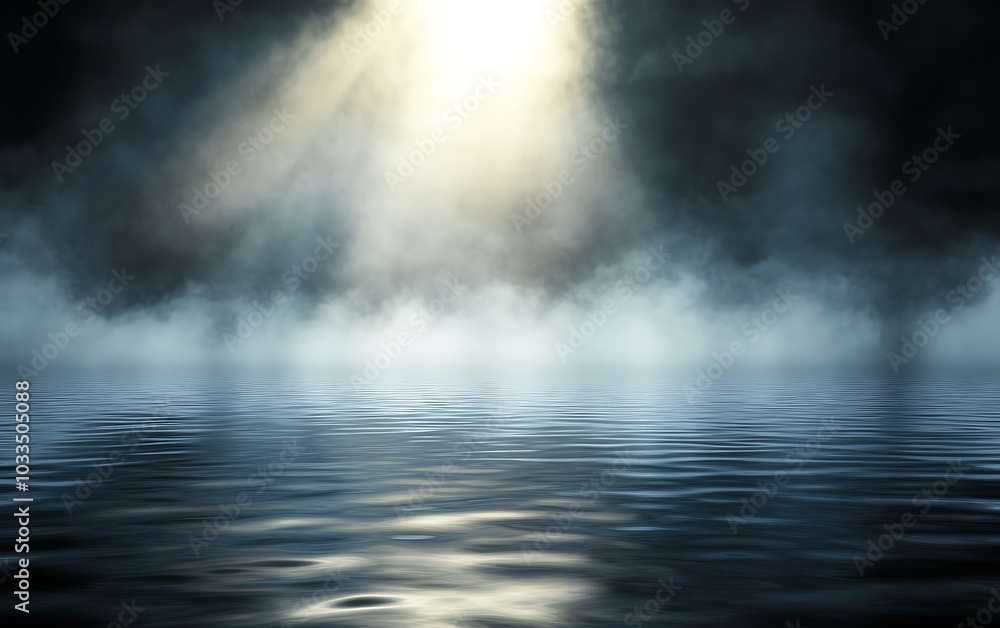 Poster a serene scene featuring calm water reflecting light beams and surrounded by mist, creating a tranqu