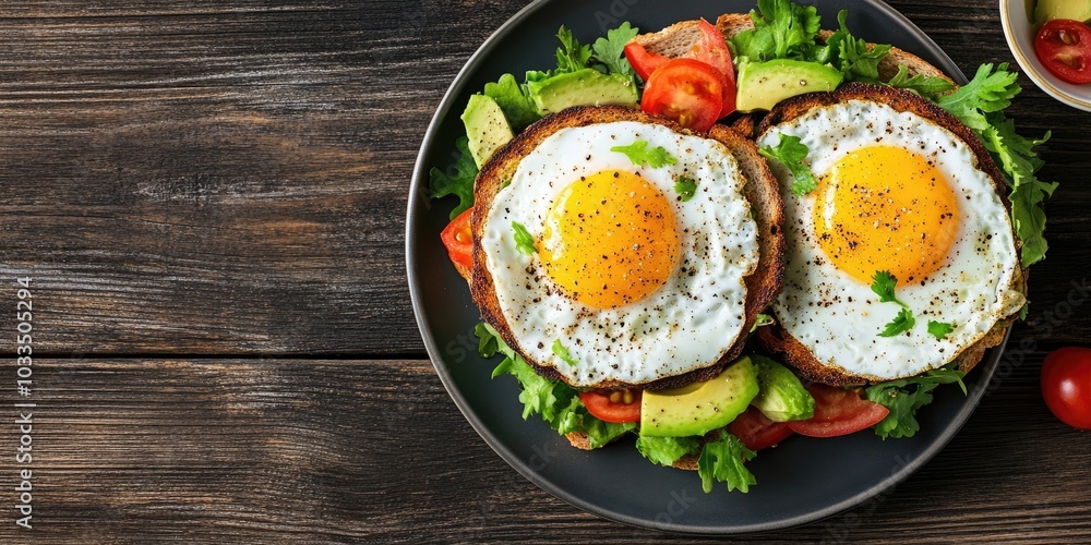 Poster lunch featuring high fiber and protein. fried eggs with vegetables next to toast topped with avocado