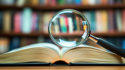 Magnifying glass over open book, library background, focus on text