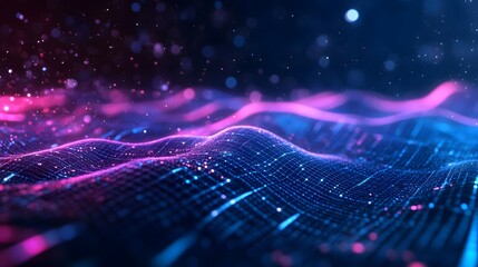 Abstract Digital Grid with Pink and Blue Lights and Bokeh