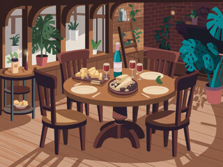 Cozy dining room with wooden table, wine, cheese, and plants in evening light