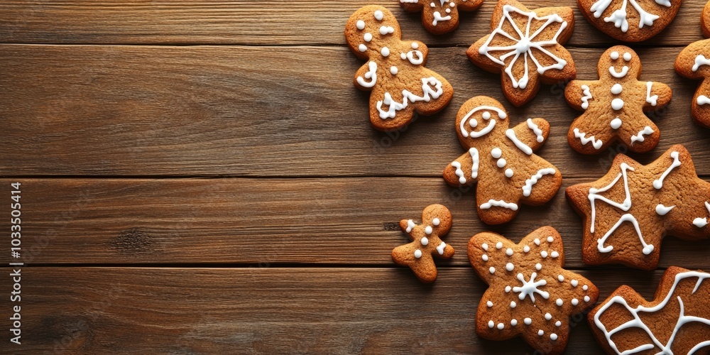 Aufkleber gingerbread cookies on a wooden surface. copy space. top view.