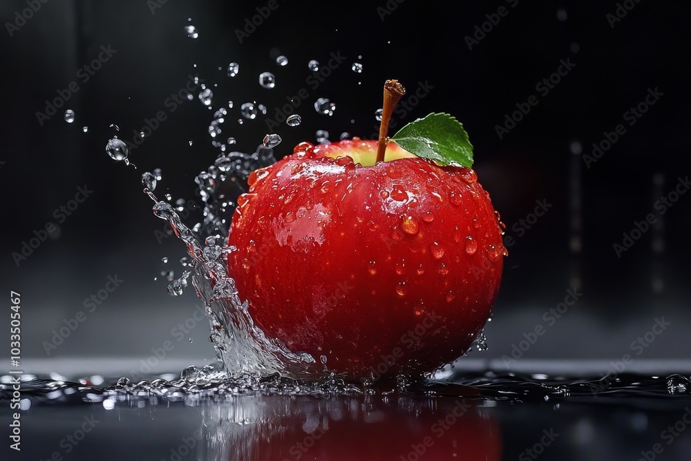 Poster a red apple with a green leaf sits in a pool of water with water droplets splashing around it agains