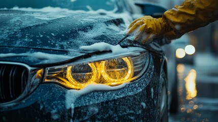 Automotive care in action - A close-up of a worker's hands scrubbing a car, emphasizing the importance of regular vehicle maintenance and detailing.