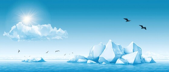 A haunting portrait of global warming melting icebergs in a tranquil arctic landscape under a bright sunlight