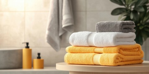 Neatly arranged clean towels on a bathroom table. Room for text.