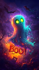 A colorful ghost with glowing eyes and a spooky 'Boo!' against a dark, haunted backdrop.