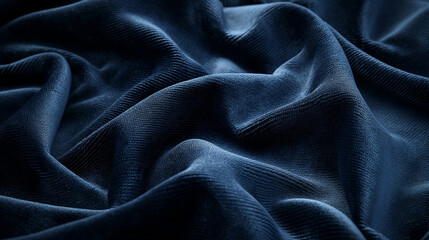 Fototapeta premium Dark blue velvet texture draped in folds, showcasing a rich navy blue color with soft light reflecting on the velvet texture, providing a photorealistic reference for design or fashion projects