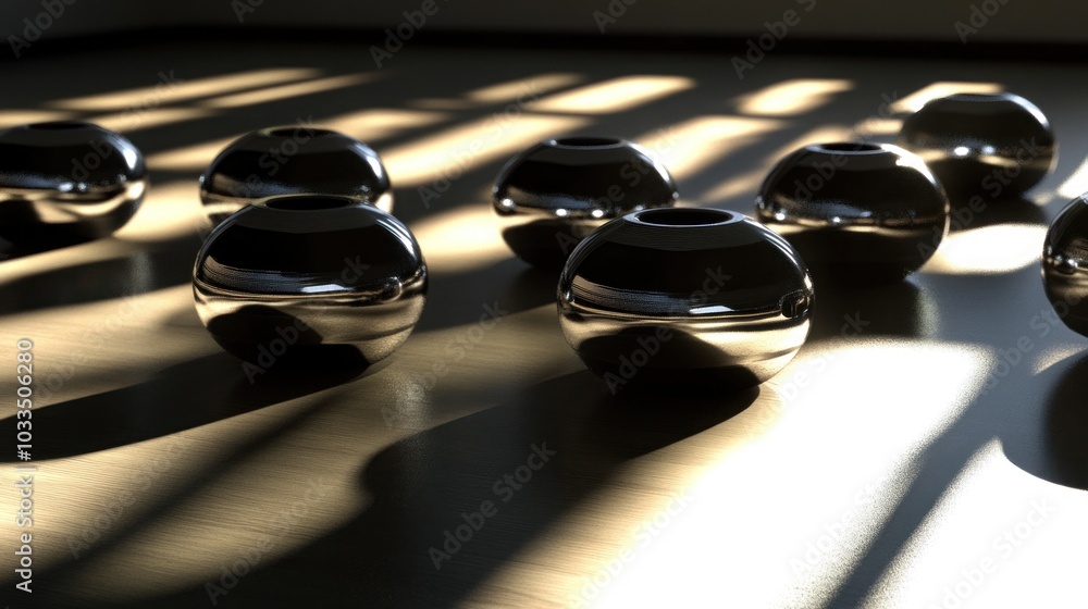 Poster a group of shiny, chrome spheres on a wooden floor, illuminated by beams of sunlight streaming throu