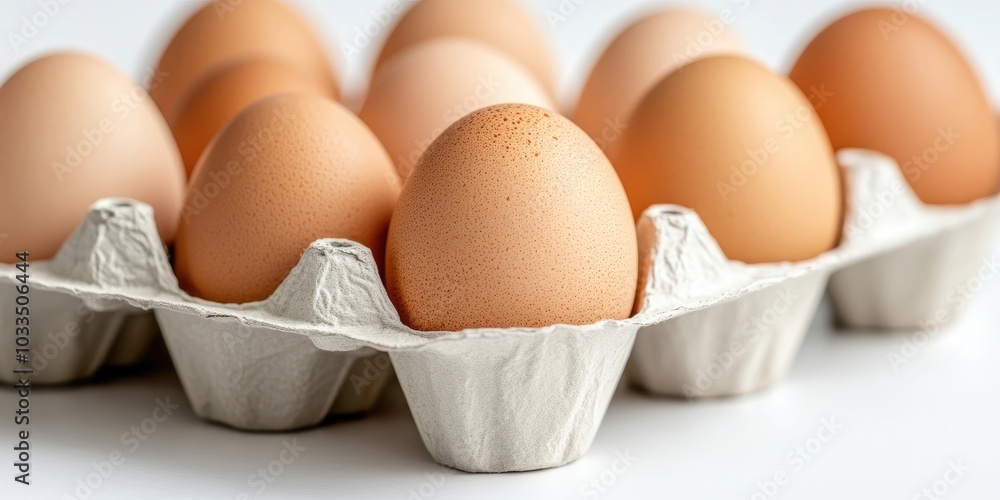 Aufkleber close-up of chicken eggs in a paper egg tray on a white background.