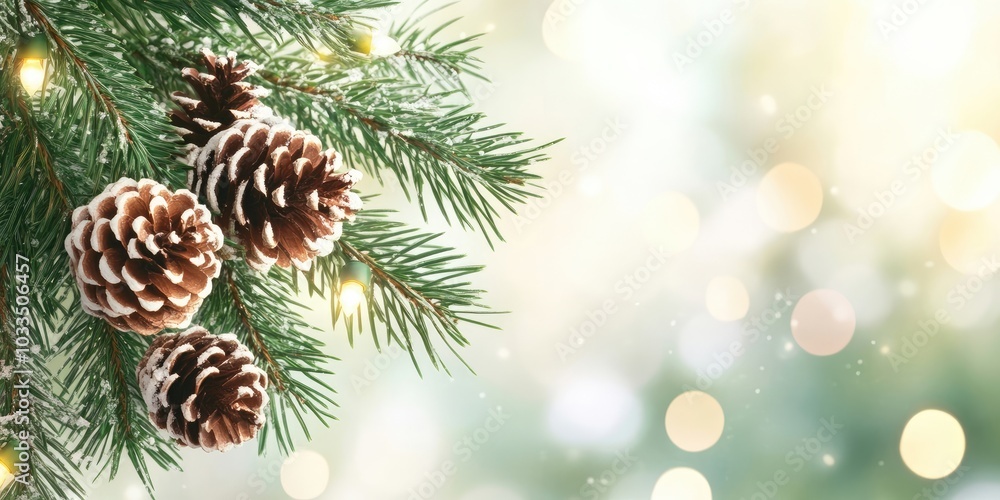 Poster christmas festive backdrop featuring copyspace. cones on a fir tree branch. new year poster for desi