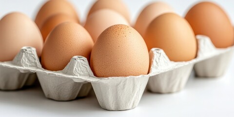 Close-up of chicken eggs in a paper egg tray on a white background.