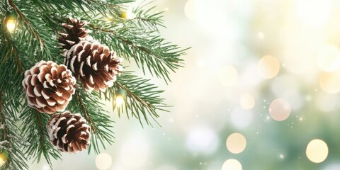 Christmas festive backdrop featuring copyspace. Cones on a fir tree branch. New Year poster for design purposes.