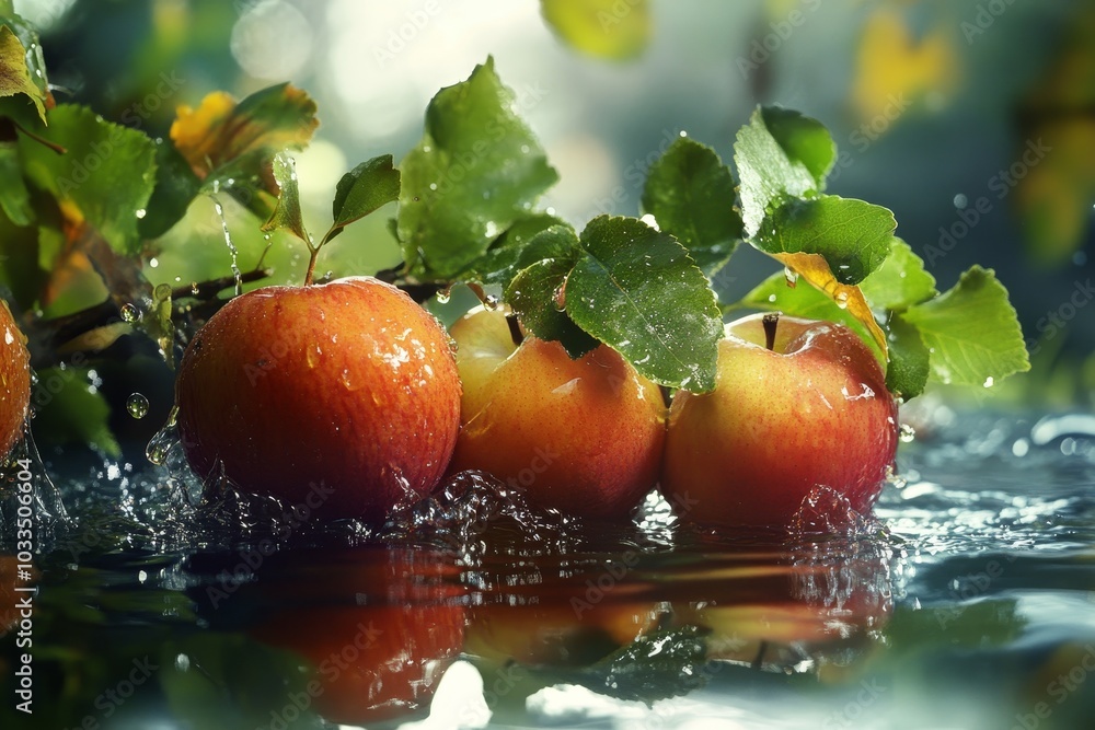 Poster three red apples with water drops on a branch with leaves splashing in a water surface.