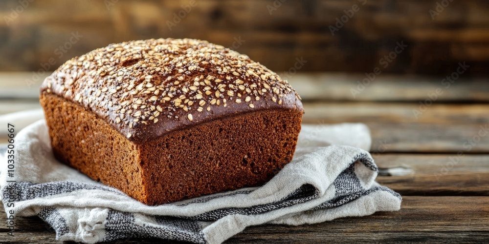 Poster A loaf of black bread with seeds on a textile towel placed on a rustic wooden surface. Vertical arrangement with copy space.