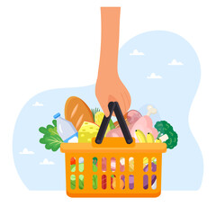 Hand holds shopping basket full of fresh produce. Buy grocery in the supermarket. Vector illustration in flat style.