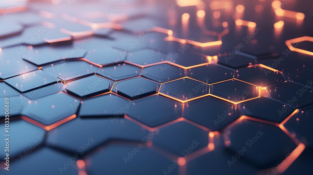 Poster abstract hexagonal pattern with glowing orange lines