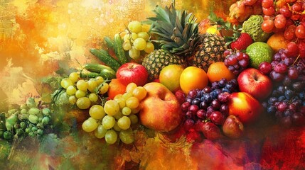 A vibrant mix of fresh fruits, including apples, grapes, pineapple, peaches, and citrus, arranged on a textured, colorful background.
