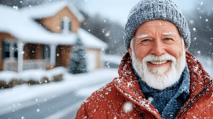 Fototapeta premium Single elderly man bundled up in warm winter clothing walking on a snow covered rural road in a peaceful and tranquil winter landscape with mountains and forests in the background