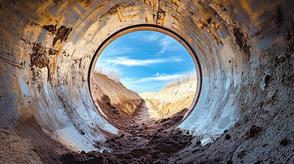 View from a concrete pipe showcasing the construction site of a new water main under a clear blue sky with earthy surroundings and preparation for underground works