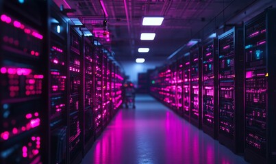 Rows of servers lit in pink neon.