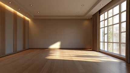 A spacious empty room with hardwood floors, large windows, and beige walls.  The room is filled with natural light.