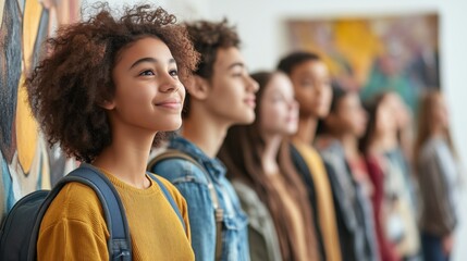 Diverse group of students in art gallery, smiling and engaged, showcasing youth