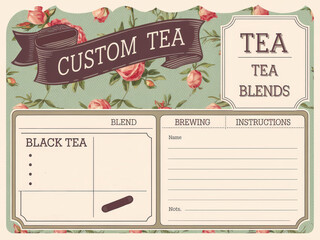 Vintage design custom tea label with floral background and brewing instructions