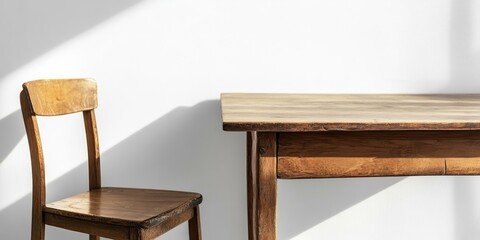 Wooden table, chair, and wooden powder chair on a white background, item, vintage, copy space.
