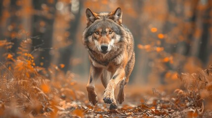 a beautiful image of a wolf on an adventure through a forest with fall foliage.