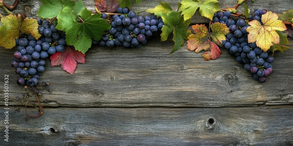 Poster grapes on a vine with leaves resting on a rustic wooden plank