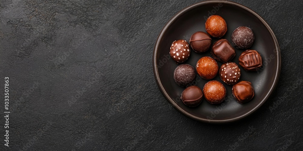 Poster chocolate candies on a plate against a black background with copy space. flat lay, top view.