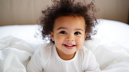 A young girl with curly brown hair smiles brightly while lying on a white bed.