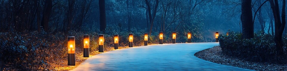 Abstract Modern Outdoor Path Lights Illuminating a Curved Garden Path at Night, Showcasing Innovative Landscape Design and Outdoor Lighting Concepts, Perfectly Crafted for Creative Advertising Backgro