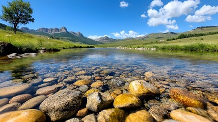 Majestic river cutting through a deep verdant valley with towering mountains in the distance under a bright clear blue sky  Serene peaceful natural landscape scene