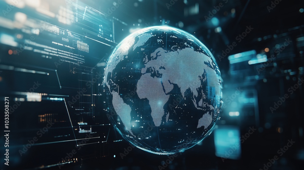 Poster digital globe representation with data visualization elements, global connectivity, technology