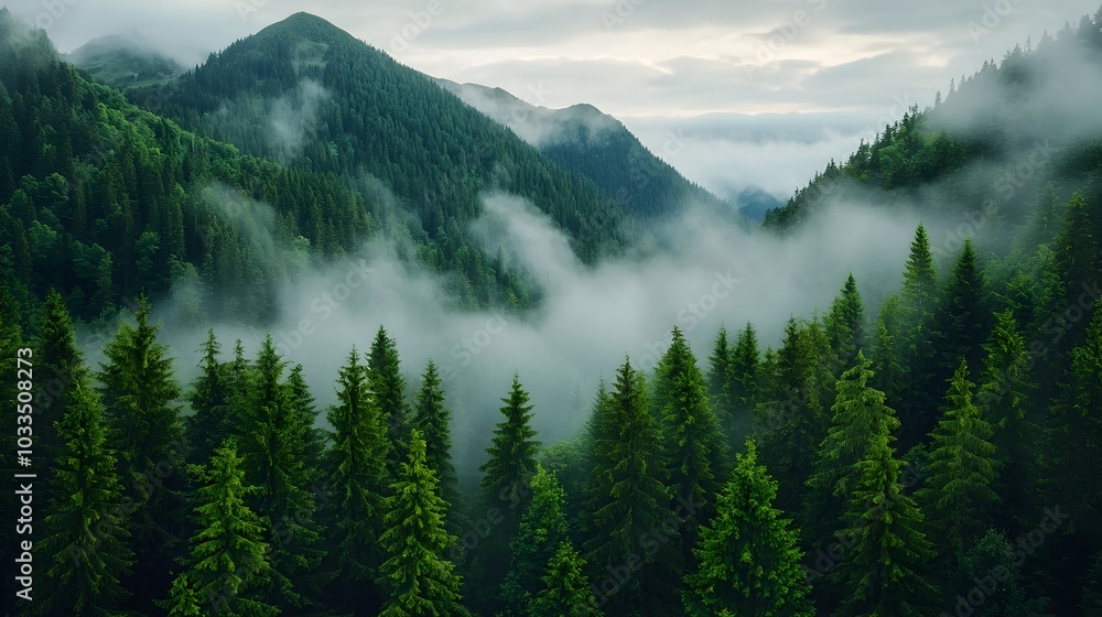 Poster serene and tranquil misty forest landscape at dawn with soft birdsong echoing in the background crea