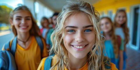 Fototapeta premium A group of diverse children in a schoolyard taking selfies with their smartphones, symbolizing equality in education and race. This image captures the joyful spirit of youth and inclusivity in a learn