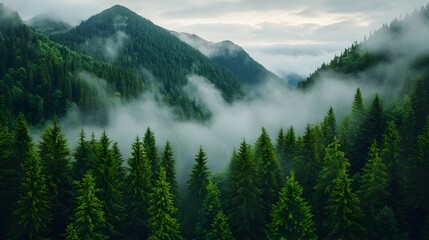 Fototapeta premium Serene and Tranquil Misty Forest Landscape at Dawn with Soft Birdsong Echoing in the Background Creating a Peaceful and Dreamlike Atmosphere