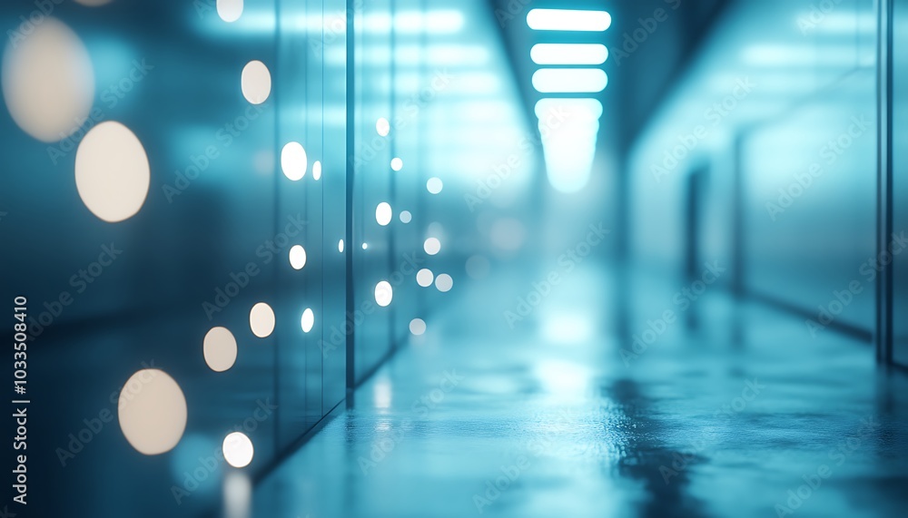 Poster a serene, futuristic corridor with reflective surfaces and soft blue lighting, creating an ethereal,