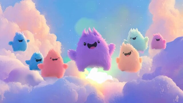 Miniature fluffy monsters with colorful fur and tiny wings dancing in a circle on a cloud