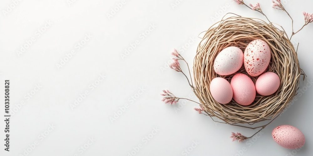 Poster easter arrangement featuring a wicker nest and pink eggs on a white background. top view, copy space