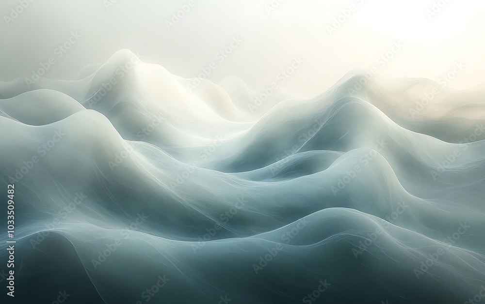 Poster Soft waves undulate gracefully in a misty seascape, creating a serene and tranquil atmosphere, illuminated by gentle light.