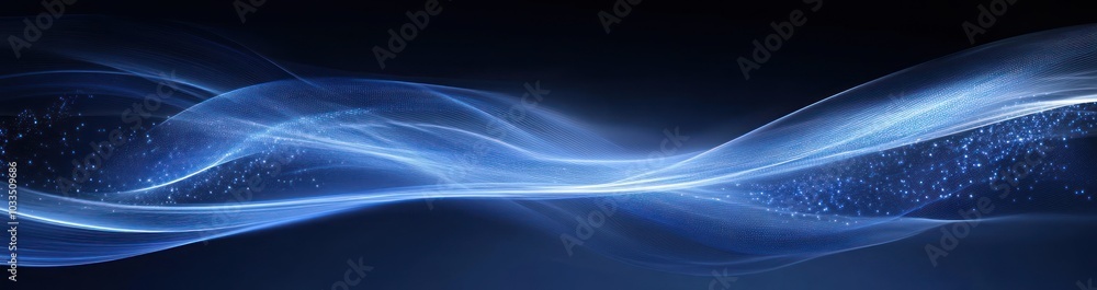 Poster abstract blue glowing wave background with sparkling particles.