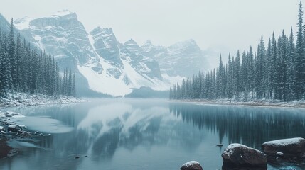 Serene morning at moraine lake in banff national park, alberta, canada, featuring first snowfall blanketing the scenic winter landscape, snow-covered mountains reflected in the crystal clear waters of