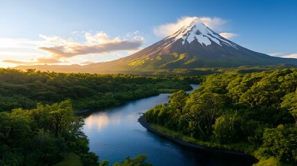 Majestic snow capped mountain peak rising above a crystal clear river bathed in the warm glow of a beautiful sunrise  A serene and tranquil natural landscape perfect for meditation and contemplation