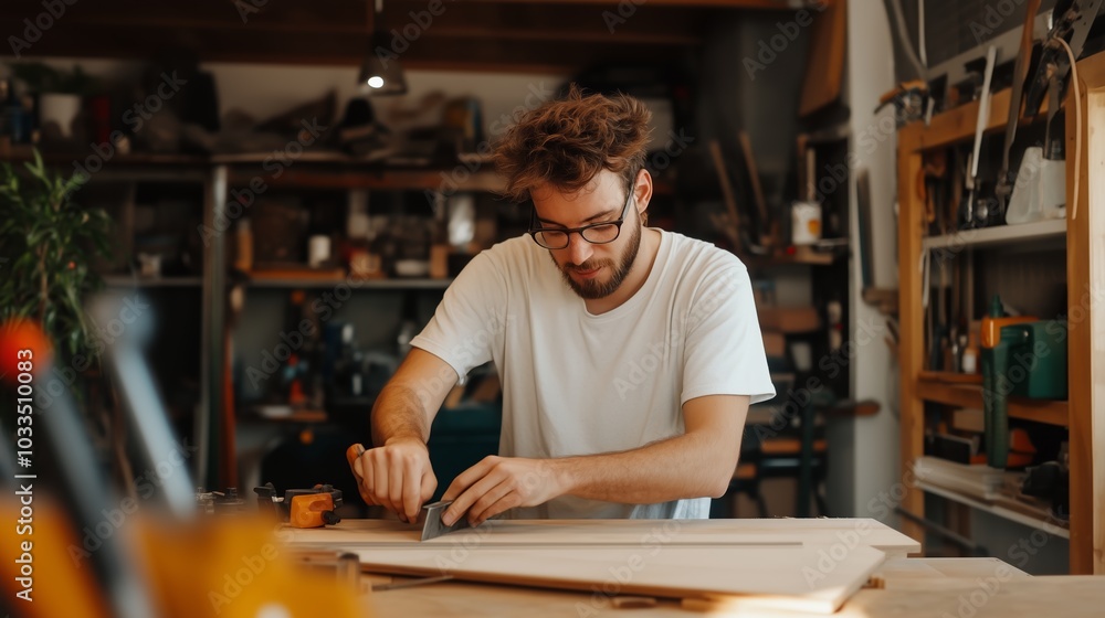 Poster craftsman working on a woodworking project in a well-equipped workshop during daylight hours, focuse