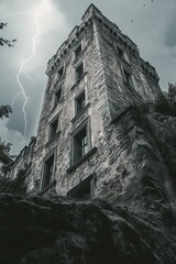 Obraz premium Medieval castle: Ancient castle on mountain, low clouds, and fog. Halloween, fairytale background concept. 