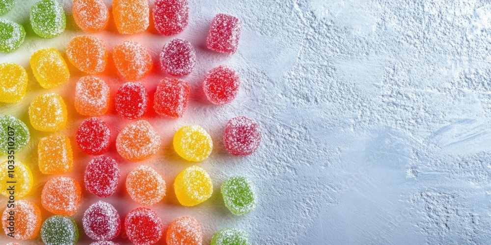 Poster Background of multicolored sugar-coated candies with copyspace.