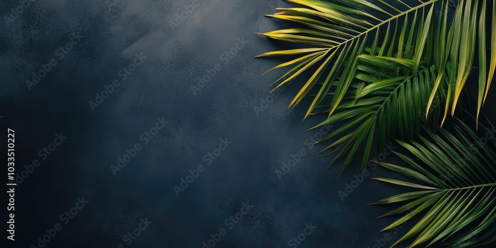 Canvas Prints a top view of a tropical palm leaves branch set against a dark gray background with copy space.